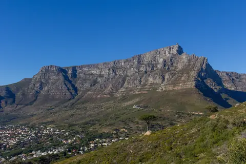 Taffelbjerget i Cape Town set fra Signal Hill med villakvarterer ved foden under en klar blå himmel