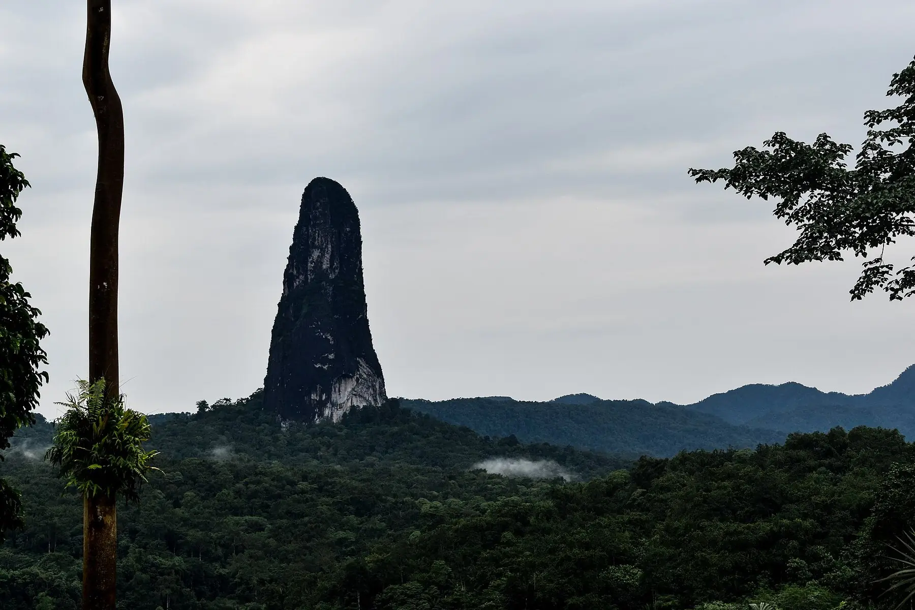 Den stejle vulkanprop Pico Cão Grande, der rejser sig af tæt regnskov på São Tomé