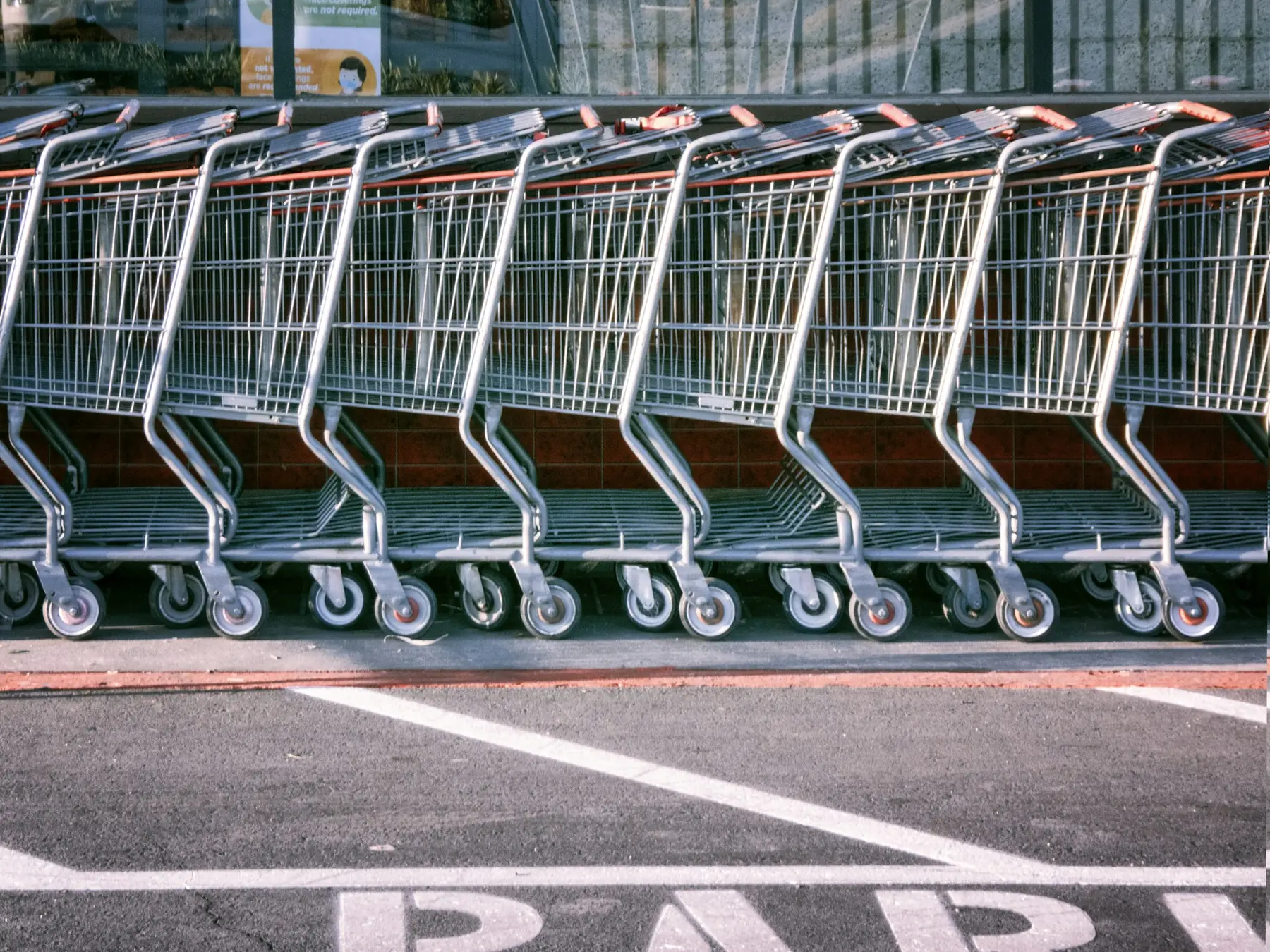 En lang række indkøbsvogne står parkeret uden for et supermarked i sollys