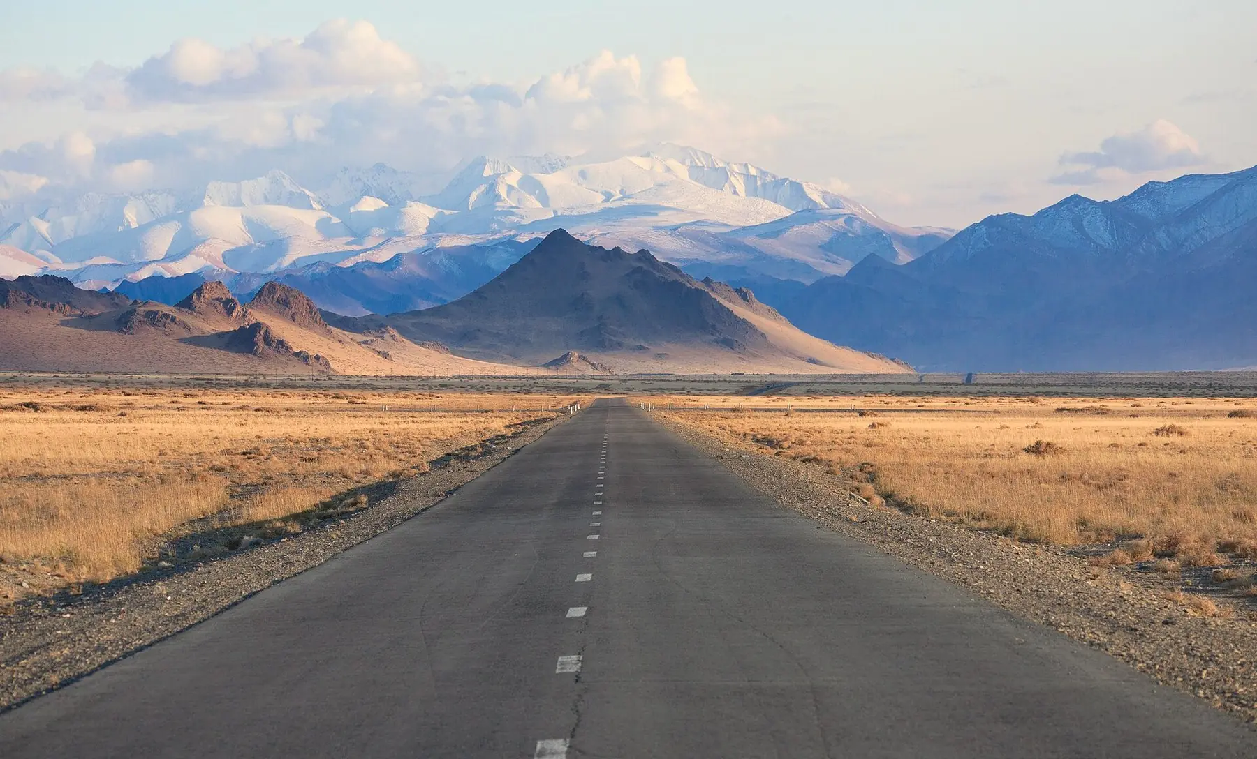 En lige vej gennem gylden steppe mod snedækkede bjerge i Bayan-Ölgii i det vestlige Mongoliet