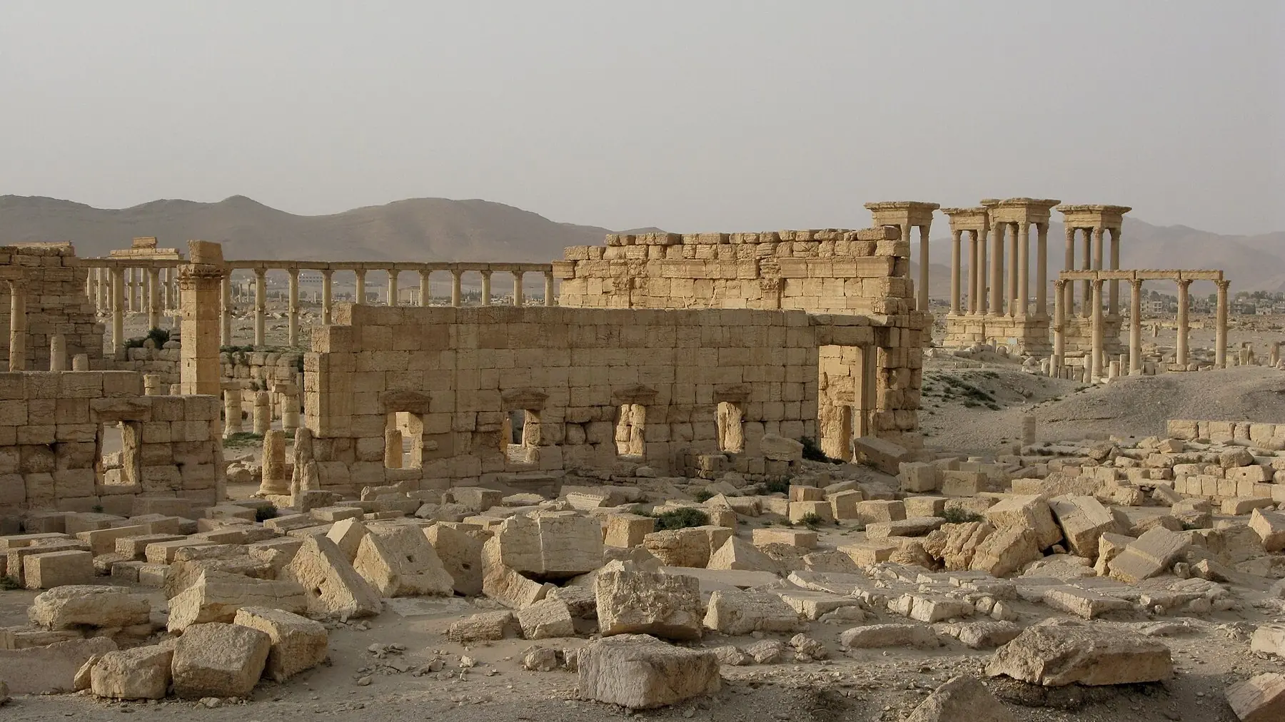 Antikke søjlegange og stenmure i ruinbyen Palmyra i den syriske ørken