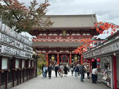 Hozomon-porten ved Senso-ji-templet i Asakusa i Tokyo med papirlanterner og røde ahornblade