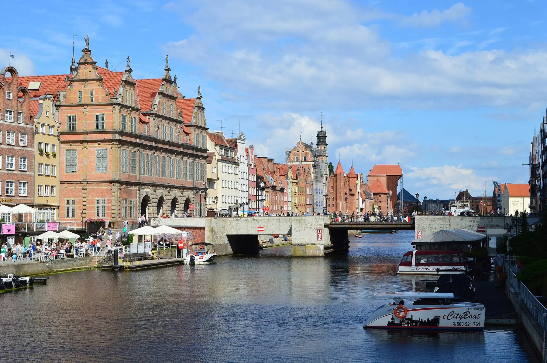Den Grønne Port og gamle gavlhuse langs floden Motława i Gdańsk en solskinsdag