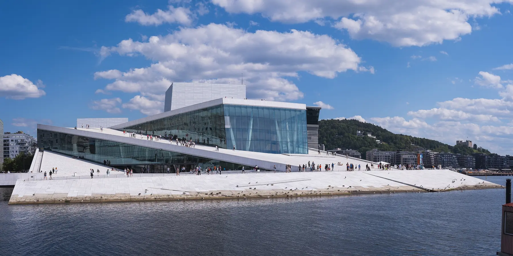 Operaen i Oslo med det hvide skrå tag ved vandet i Bjørvika en sommerdag
