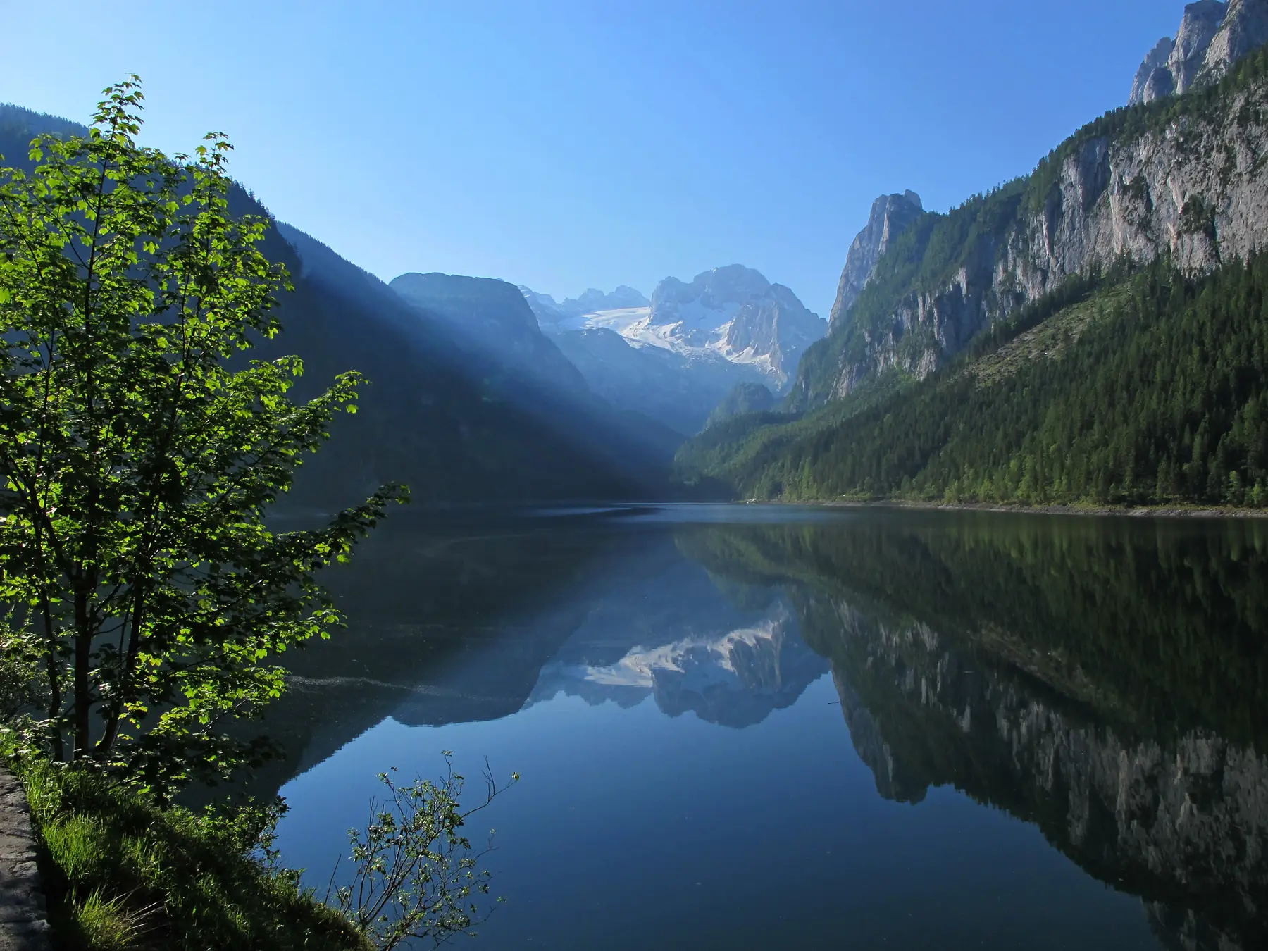 Dachstein-gletsjeren og stejle klippevægge spejler sig i den blanke Gosausee en solrig morgen i Salzkammergut