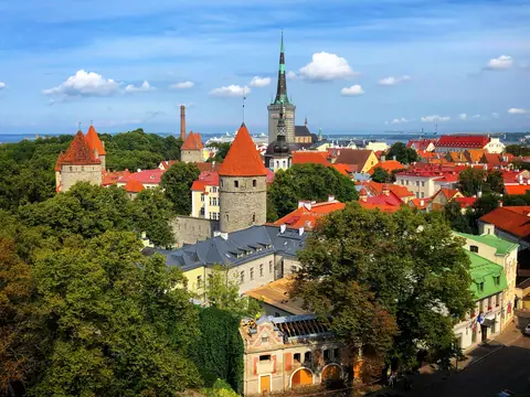 Tallinns gamle by med røde tårntage, bymurens tårne og Olaikirkens spir en sommerdag