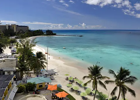 Hvid sandstrand med palmer, parasoller og turkis hav i Carlisle Bay på Barbados